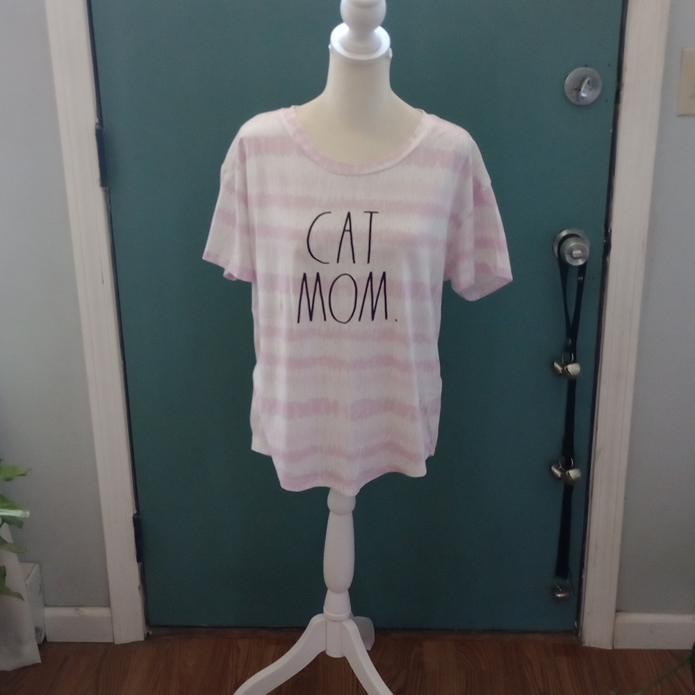 Pink and White Striped 'Cat Mom' T-Shirt